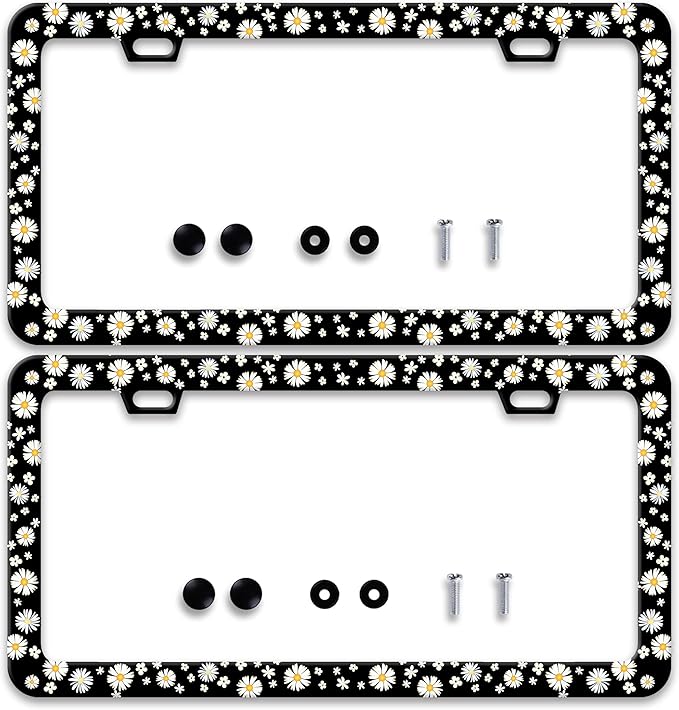 2 Pcs Beautiful Daisy License Plate Frame Daisies License Plate Holder Personalise Stainless Steel Funny Design Compatible With Standard License Plate Holder For Usa And Canada 6 X 12 Inch With Screws