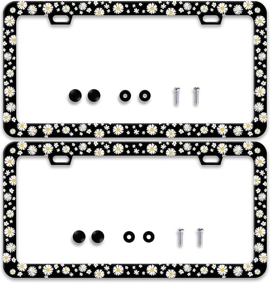 2 Pcs Beautiful Daisy License Plate Frame Daisies License Plate Holder Personalise Stainless Steel Funny Design Compatible With Standard License Plate Holder For Usa And Canada 6 X 12 Inch With Screws