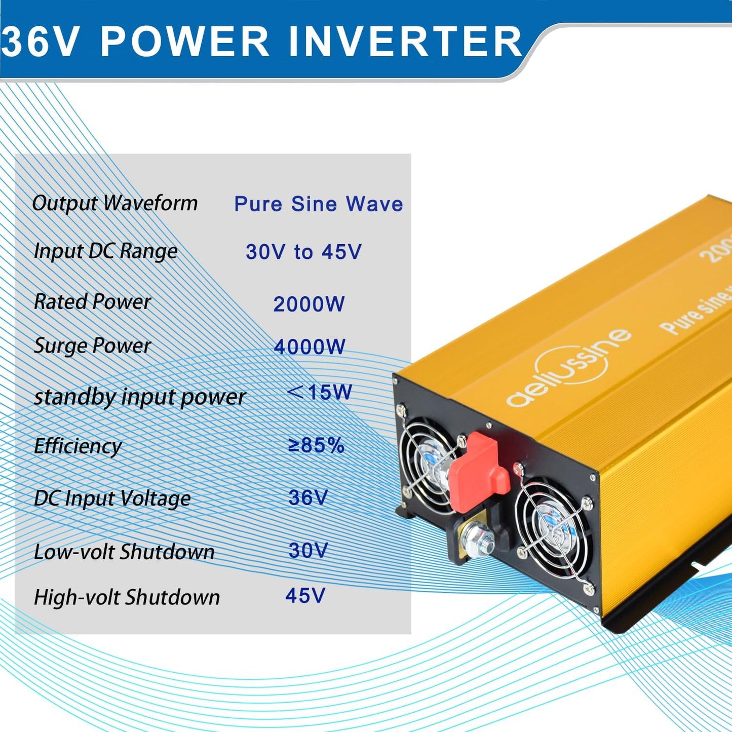 2000W Pure Sine Wave Inverter-36V DC to 110V 120V AC Power Converter with 2 AC Outlets, 36 Volt Power Inverter for Truck, Rv, Camping, Home, Emergency Power