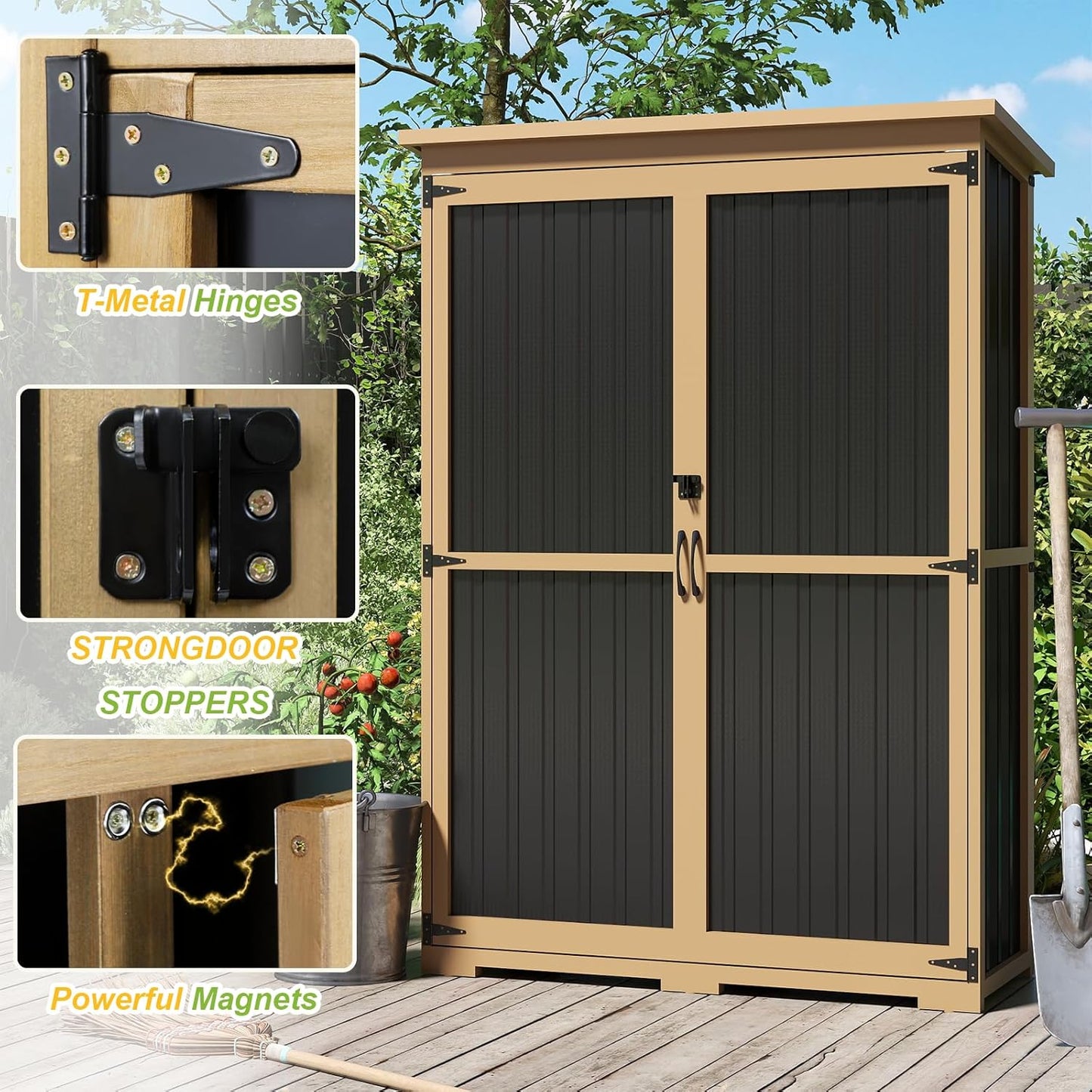 Outdoor Storage Shed with Shelf,Wood & Metal Storage Cabinet with Lockable Doors & Sloping Roof,Vertical Garden Shed for Patio Backyard,Tool Shed and Accessories, Brown