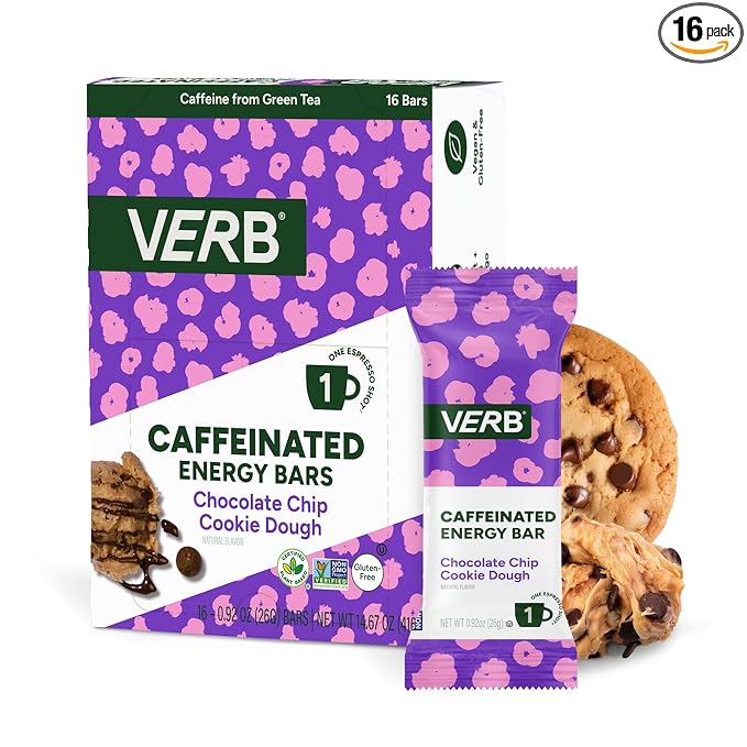 Verb Caffeinated Energy Bars Chocolate Chip Cookie Dough (26g, Pack of 16) 110-Calorie Delicious Energy Bar, Gluten Free On-the Go Snack with 80mg Green Tea Caffeine, Only Real-Food Ingredients