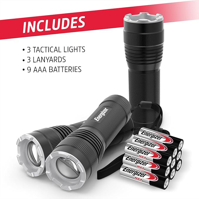 Energizer T-300 LED Flashlights (3-Pack), Bright Flash Light for Tactical EDC, Camping, and Emergencies (Batteries Included)