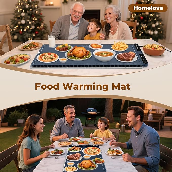 Homelove Food Warming Mat for Parties Buffet - Full Surface Fast Heating Electric Warming Tray with 7 Temp-Settings & 8H Timer, Portable Roll Up Food Warmer with Heat Insulation Pad XXL-Navy