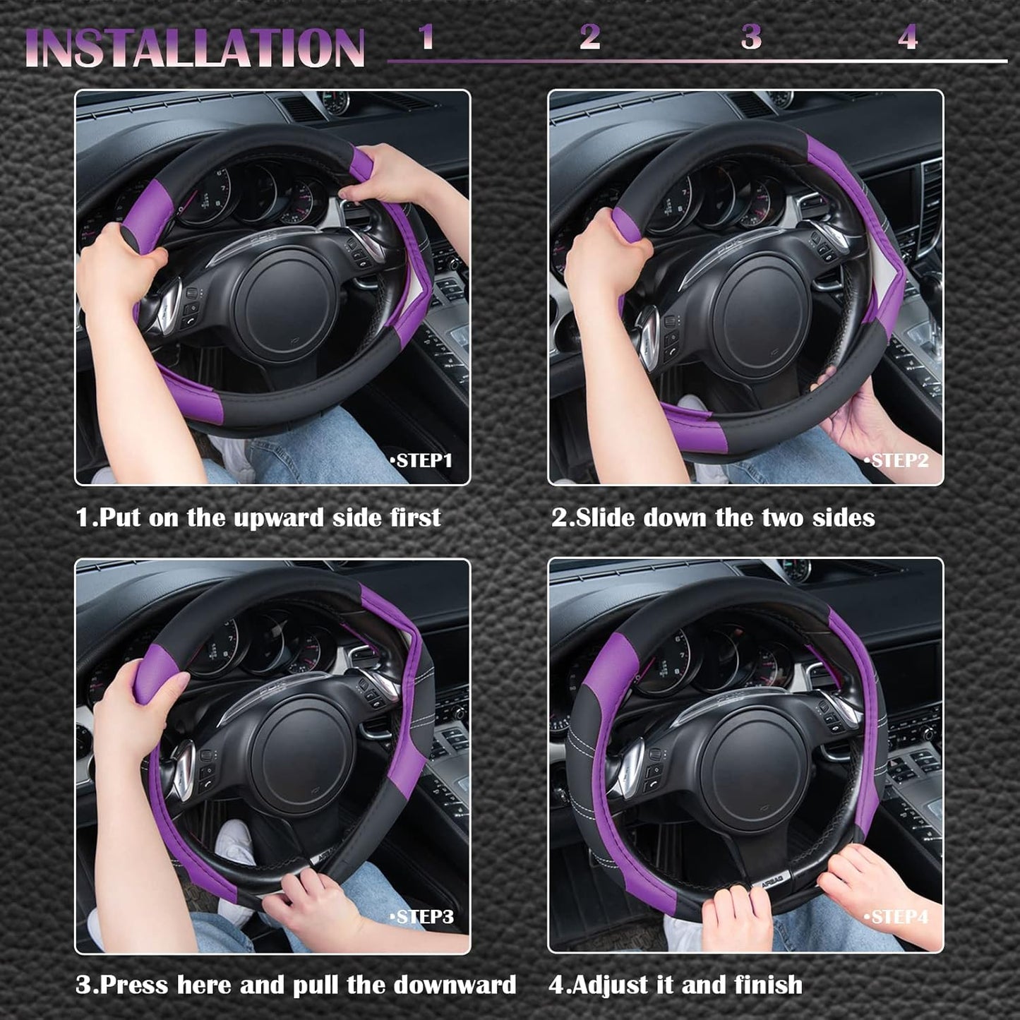 CAR PASS Line Rider Microfiber Leather Sporty 14.5-15 inch Steering Wheel Cover Universal Fits for 95% Truck,SUV,Cars, Anti-Slip Safety Comfortable Design (Black Purple)