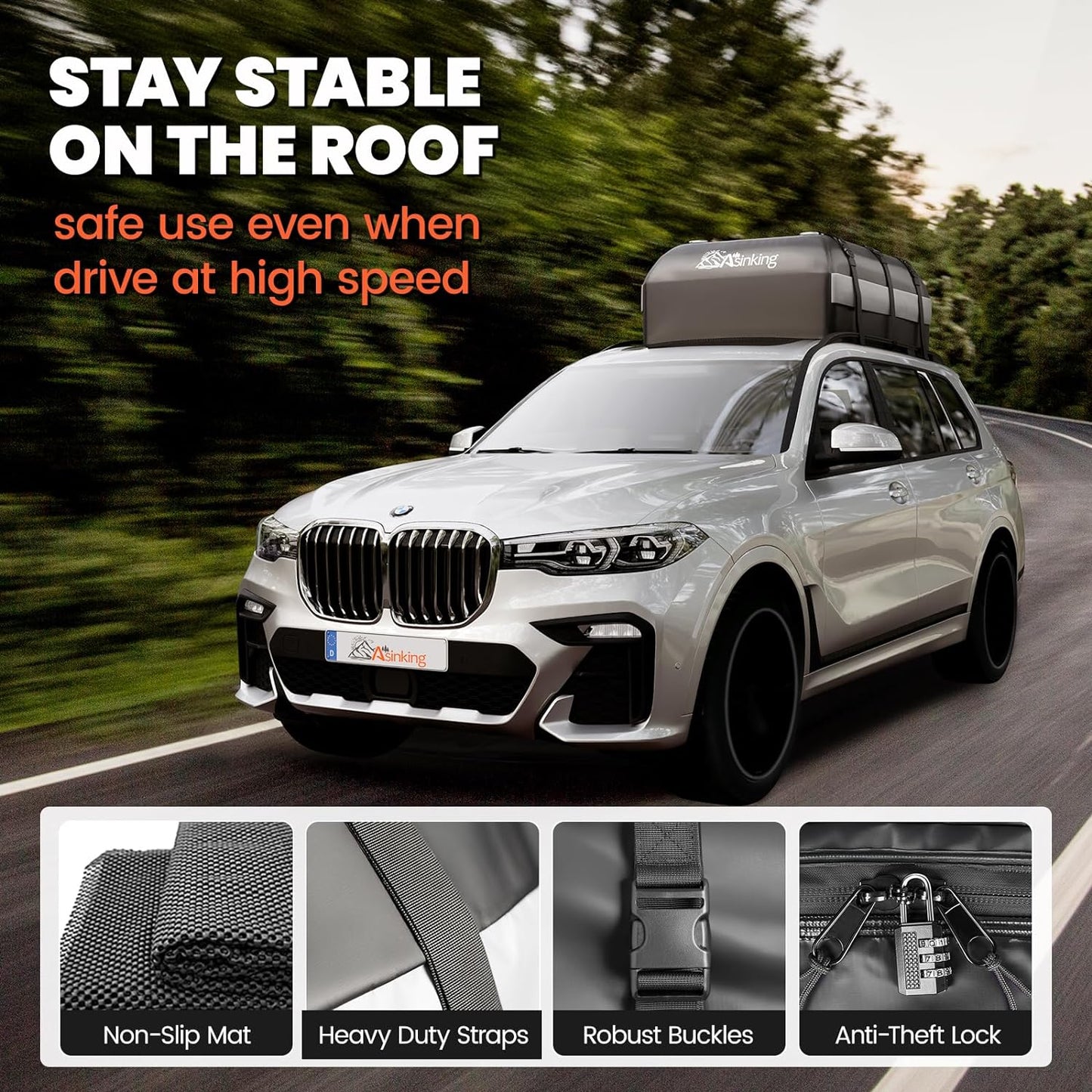Asinking Car Rooftop Cargo Carrier Bag - 100% Waterproof Heavy Duty Car Roof Luggage Carrier 15 Cubic Feet, Fits All Vehicles with/Without Roof Rack - Easy Install & Triply Reinforced for Secure Use