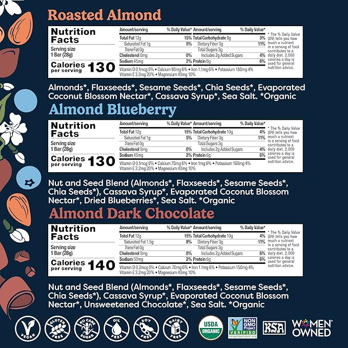 Tosi Almond Variety Pack Protein Bars, Plant Based with Nuts, Gluten-Free Crunchy Snacks, Vegan, Organic, Flax & Chia Seeds, Soy-Free, Omega 3s, 5G Protein, 1 oz, 12-Pack