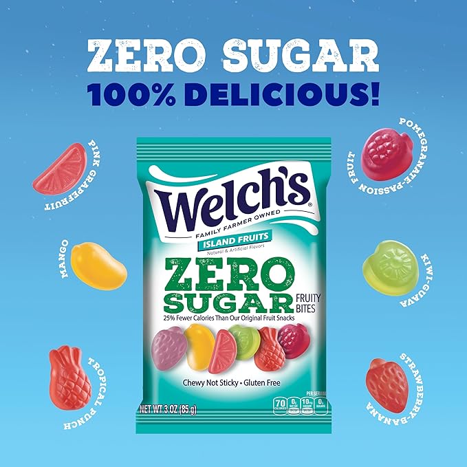 Welch's Zero Sugar Fruity Bites, Island Fruits Snack Box, Gluten Free & Sugar Free Snacks, 3oz Snack Packs (Pack of 6)