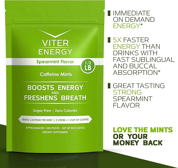 Viter Energy 40mg Caffeine Mints - Sugar Free, B Vitamins, Vegan, Boosts Fast Energized Alert Focus, Caffeinated Nootropic Supplement Pills (Spearmint Flavor, 8oz, Bulk Bag)