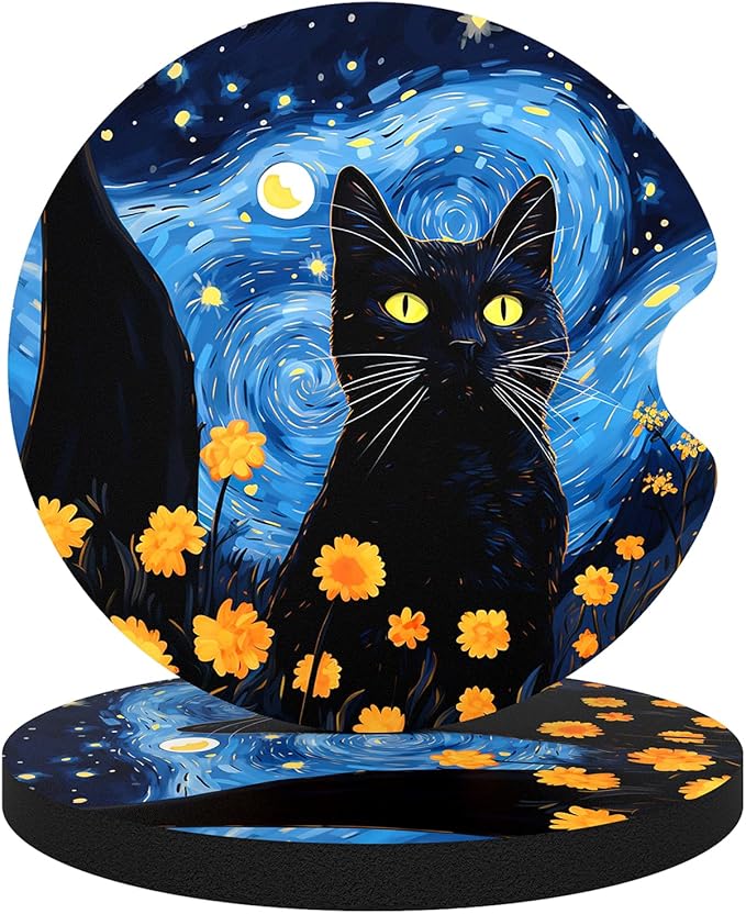 Car Cup Holder Coasters, 2 Pack Universal Auto Anti Slip Insert Coaster with A Finger Notch, Cute Car Assecories for Women Men, Cup Mat for Most Interior, Starry Sky Cat