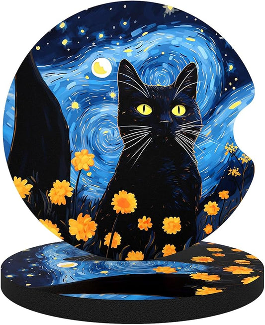 Car Cup Holder Coasters, 2 Pack Universal Auto Anti Slip Insert Coaster with A Finger Notch, Cute Car Assecories for Women Men, Cup Mat for Most Interior, Starry Sky Cat