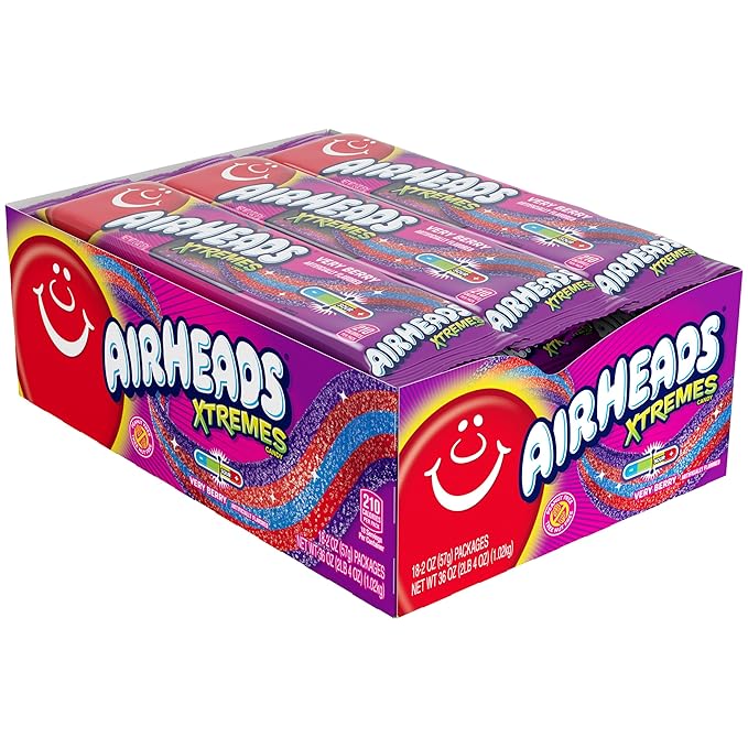 Airheads Xtremes Sweetly Sour Candy Belts, Halloween Trick or Treat Taffy Candy Variety Pack, Individually Wrapped Bulk Candy for Adults & Kids, Very Berry Flavor Artificially Flavored, 18 Count Box