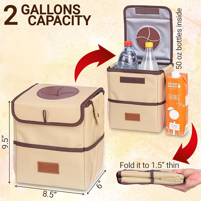 Creathing Car Trash Can | Touring Edition | Detachable Leak-Proof Liner & Odor-Sealing Lid - Universal Hanging Garbage Bin for Cars, SUVs, Trucks (2 Gal, Beige)