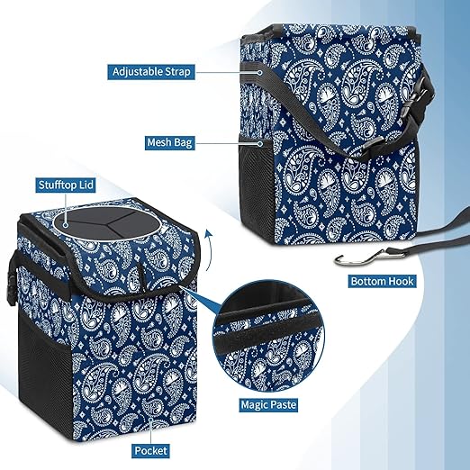 Car Trash Can Vintage Indian Paisley Navy Blue Auto Garbage Bag Car Trash Can with Lid Leak-Proof Car Storage Bag Garbage can Hanging for Headrest Collapsible and Portable with Storage Mesh Pocket