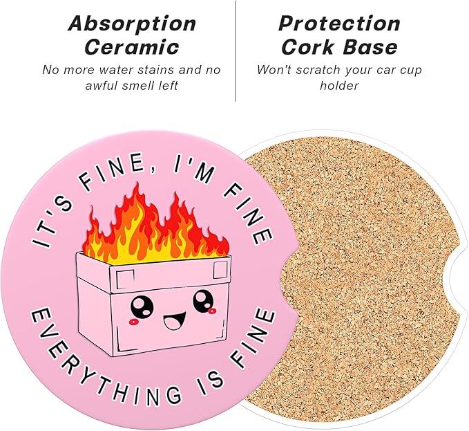 Car Cup Holder Coasters, 2 Pack Universal Auto Anti Slip Insert Coaster with A Finger Notch, Cup Mat for Most Car Interior, Pink Cute Dumpster