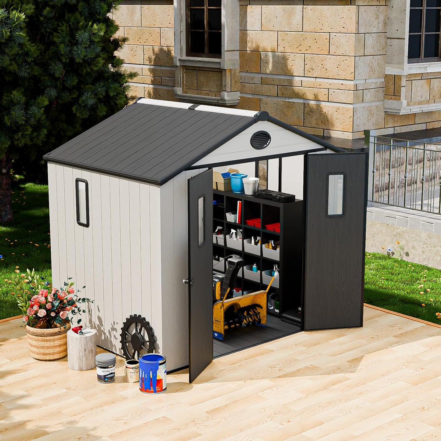 COOS BAY Resin Outdoor Storage Shed with Lockable Double Doors, Heavy-Duty Floor, All-Weather Garden Shed for Tools & Equipment, 8x6 ft, White/Gray