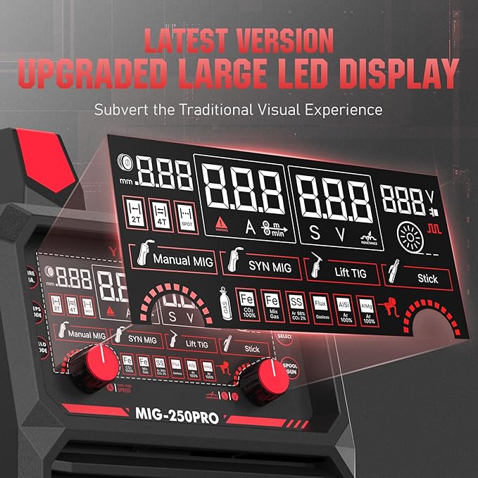 YESWELDER MIG-250PRO Aluminum MIG Welder, 250A 110V/220V Advanced Digital Display, MIG/Pulsed MIG/Flux Core/Spool Gun MIG/Lift TIG/Stick 6-In-1 Multiprocess Welding Machine, Spool Gun Compatible