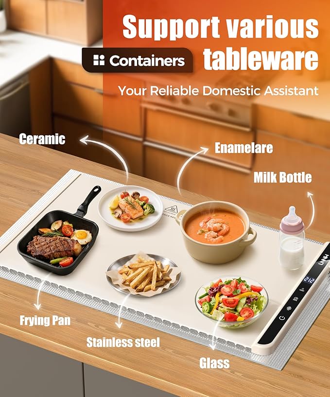 Food Warming Mat with Heat-Resistant Pad, 26X15 Inch, 6 Temperature & 6 Timer Settings, Child Lock Safety, Electric Warming Tray for Gatherings,Parties,Everyday Use
