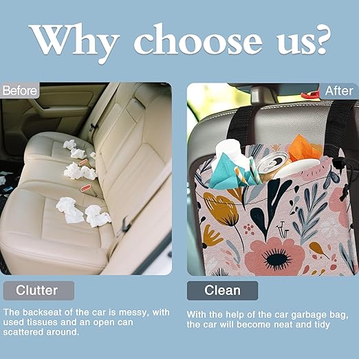 Vintage Colorful Flowers Car Trash Bag,Strap Drawstring Car Garbage Bags,Car Back Seat Organizer with Adjustable Buckle for Car Accessories