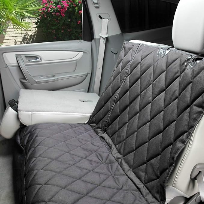 4Knines Dog Seat Cover for Back Seat, Heavy Duty Waterproof Rear Seat Protector for Small Trucks, SUVs, & Cars, Fits 60/40 Split Bench with Middle Seat Belt, Non-Slip Dog Backseat Cover (Regular, Tan)
