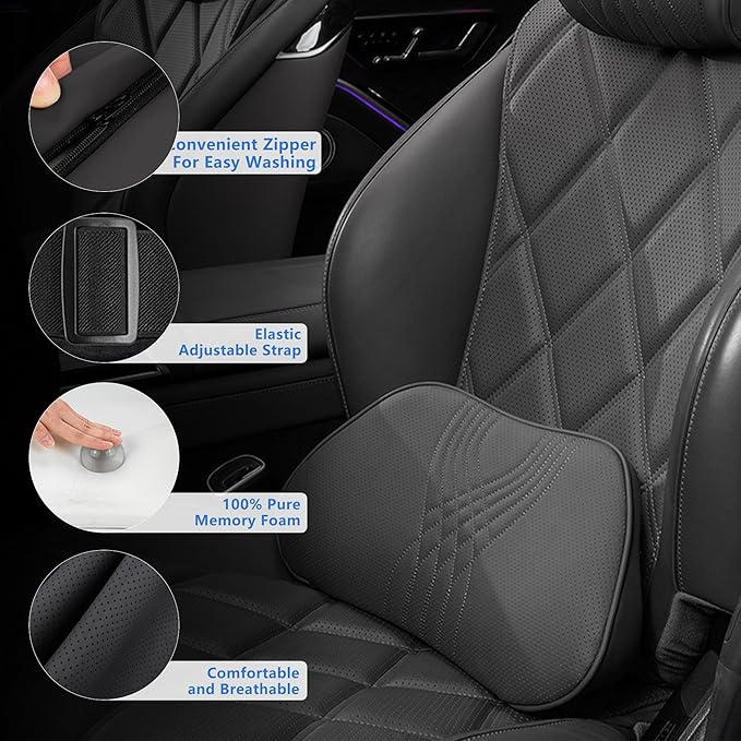 Lumbar Support Pillow for Car Memory Foam Back Sleeper Cushion for Drving Seat for Most Car SUV Home Office Brown