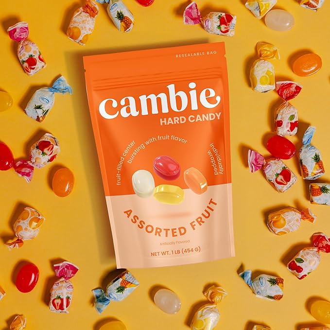 Assorted Fruit Hard Candy Individually Wrapped by Cambie, 1 lb of Fruit Candy with a Deliciously Sweet Hard Exterior with a Soft, Decadent Filled Center