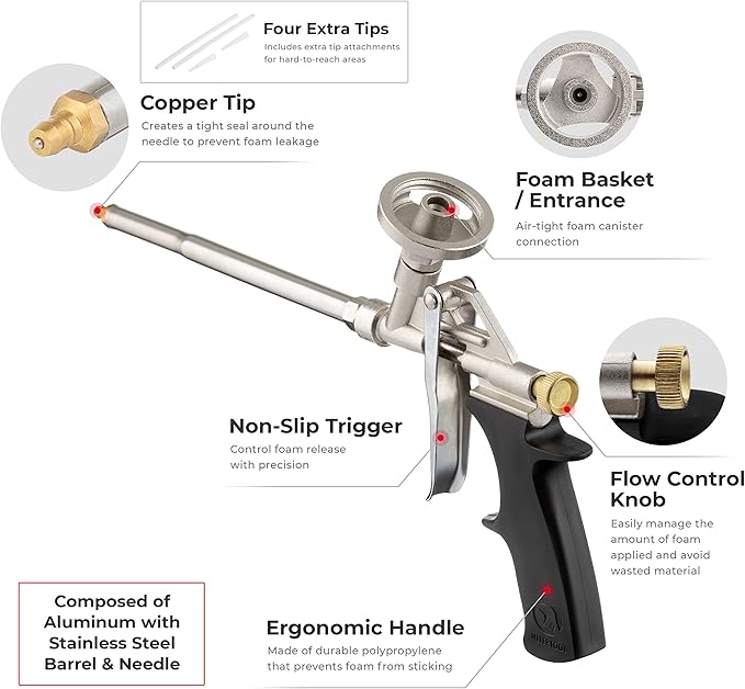 INTERTOOL Foam Gun, Expanding PU Applicator, Professional Metal Body, Spray Dispensing Caulk Application, Insulating, Sealing, Filling PT-0603