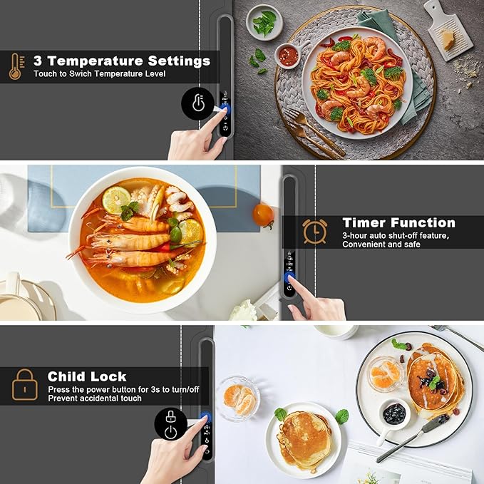 Food Warming Mat,Electric Warming Tray,Versatile Full Surface Heating,Silicone Heating Mat with 3 Temperature Settings and Auto-Off,Food warmer mat for Parties, Buffets Party, Home,Travel