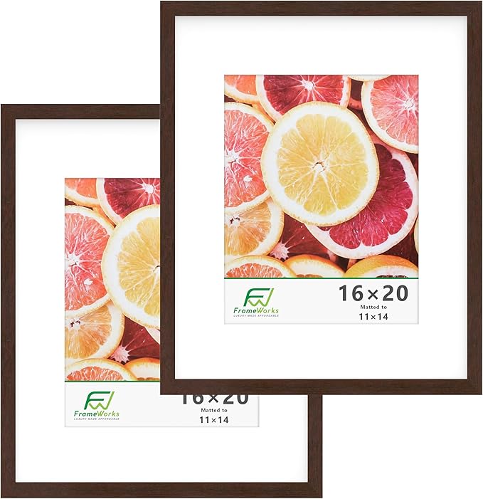 FrameWorks 2-Pack, 16x20 Matted to 11x14 Picture Frame, Mahogany ??Classic Wooden Photo Frame with Tempered Glass, Modern Matte Finish for Prints, Posters, Certificates & Wall Decor ??Gallery-Ready