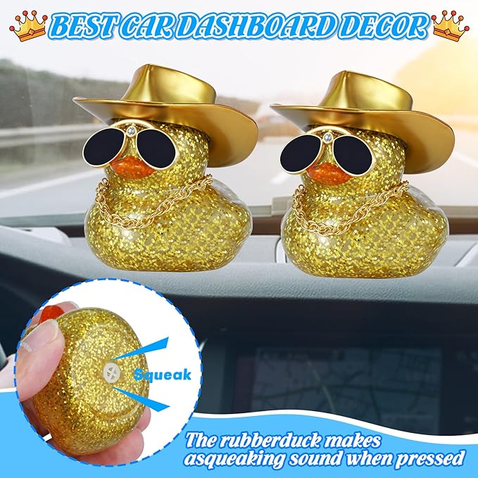 BOZILY Golden Cowboy Hat Rubber Duck with Sunglasses & Necklace - DIY Dashboard Decor, Squeaky Sound, Premium Rubber Car Accessory for Office Desk, Birthday Gift