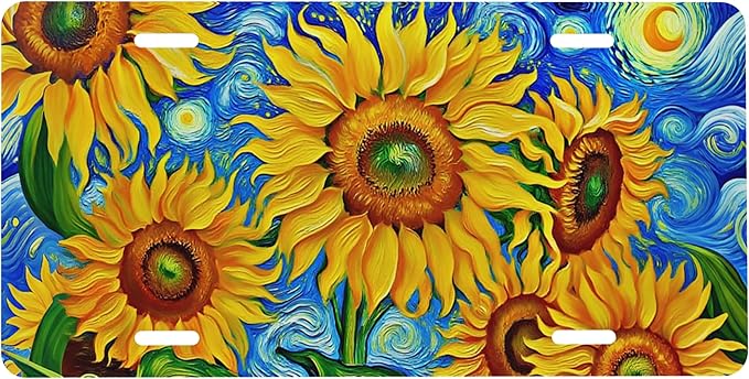 Front License Plate Sunflower Art Vanity Plates Aluminum Metal Decorative Car Tag Novelty License Plate Cover for Men Women ‎6 * 12 in (4 Holes)