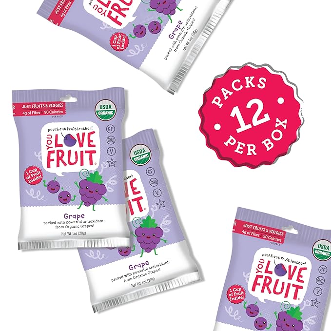 YOU LOVE FRUIT - GRAPE All Natural Fruit Snacks, Healthy Snack Pack, Real Fruit! Gluten Free, Non GMO, Vegan, Fiber packed, Low Fat, Kosher, Variety Pack, Great For Adding To Gift Box, 1.0 oz (Pack of 12)