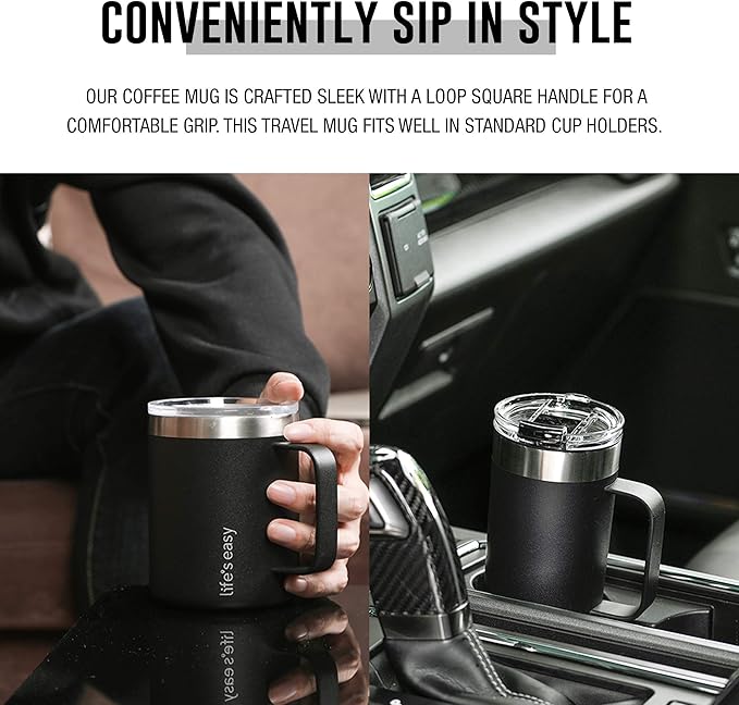 Life's Easy 12 oz Stainless Steel Mug w/Handle - Double Wall Insulated Travel Tumbler w/Flip Lid - Leak Proof Tumbler-Thermal Cup for Coffee, Tea & More - Keep Hot & Cold Drinks (Onyx, 12 oz)