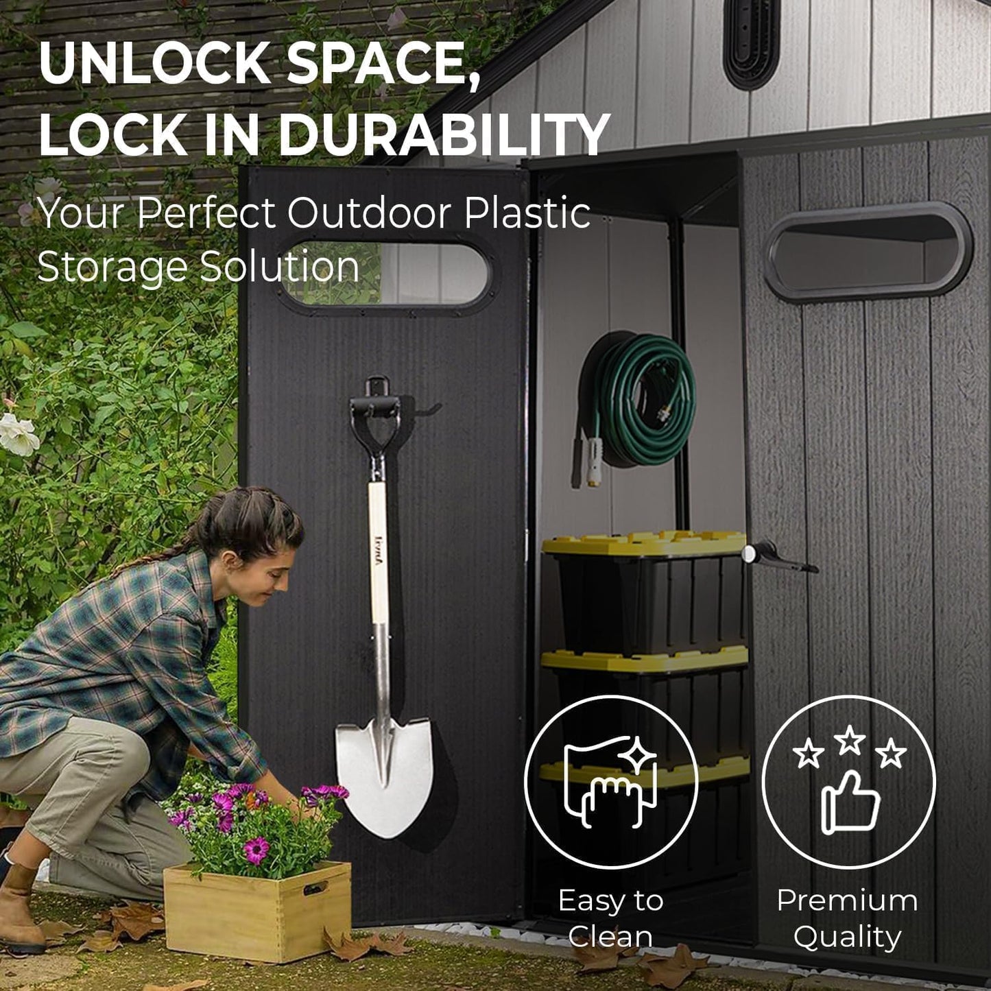 EconoHome 8x8 Ft Outdoor Storage Shed with Floor - Waterproof Shed with Lockable Door for Garden - Backyard, Tool Storage Use - Grey