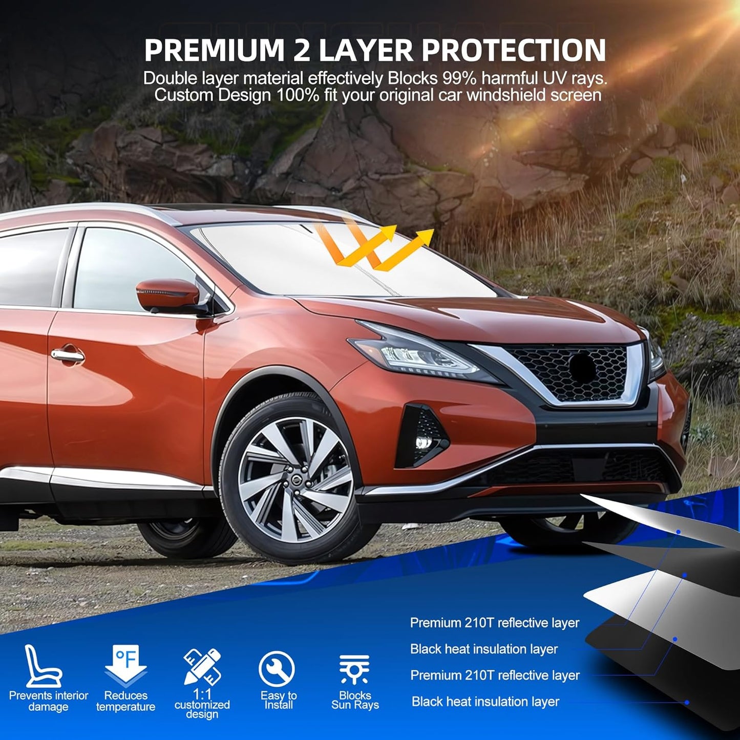 Windshield Sun Shade for Ni-ss-an Murano 2015-2024 Foldable Sunshade Custom Fit Front Window Car Interior Accessories Protector Blocks UV Rays