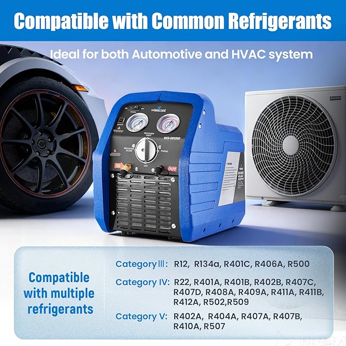 3/4 HP Refrigerant Recovery Machine, 60Hz Portable Freon Recycling Unit HVAC Oil-Less Self-Cleaning Recovery Machines for Vapor Liquid Refrigerant Household Car Air Conditioning