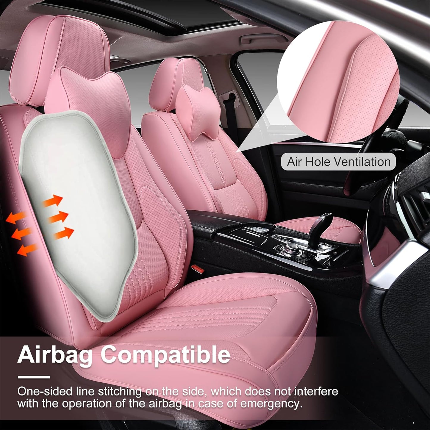 Car Seat Covers Full Set, Front and Rear Seat Covers for Cars, Waterproof Leather Auto Seat Protectors with Head Pillow, Car Seat Cushions Fit for Most Sedans SUV Pick-up Truck, Pink