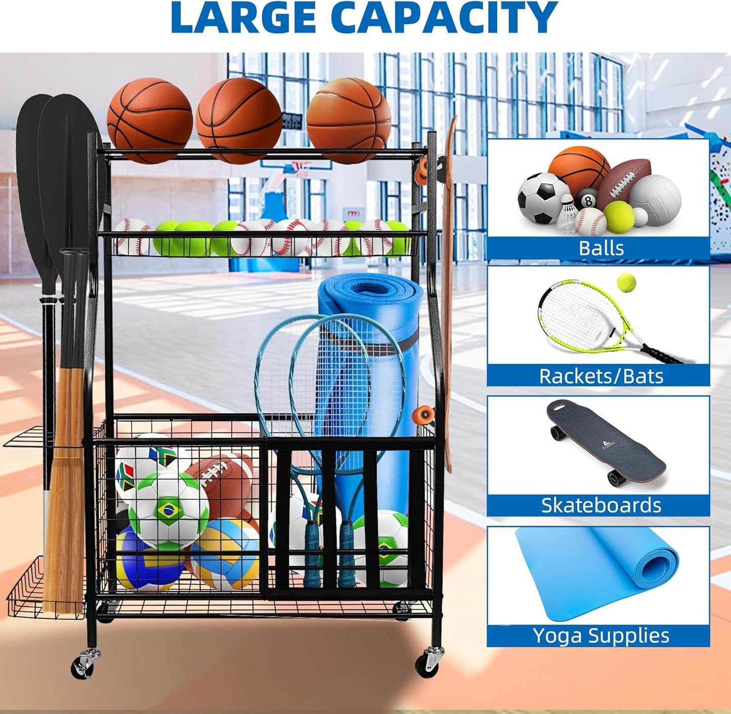 Garage Sports Equipment Organizer, Ball Storage Rack,Garage golf Organizer with Basket and Hooks,Rolling Sports Ball Storage Cart for Toy Gear Storage (45.71 inch)