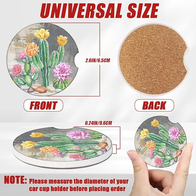 Tropical Cactus Car Coasters for Cup Holders, Plant Flower Absorbent Ceramic Car Coaster Car Cup Holder Coaster Car Accessories for Women Men (2 Pack)