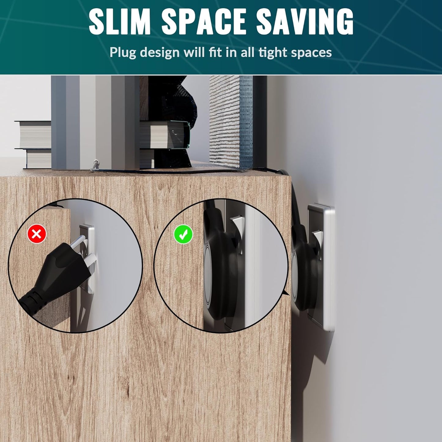 Elecan Flat Plug Extension Cord 3 Ft 2 Pack with Slim Space-Saving Plug Design, Thin Flat Cable Low Profile Power Cord 3 Prong Grounded Wire, 16 Gauge 13 A/125 V-Black-ETL Certified