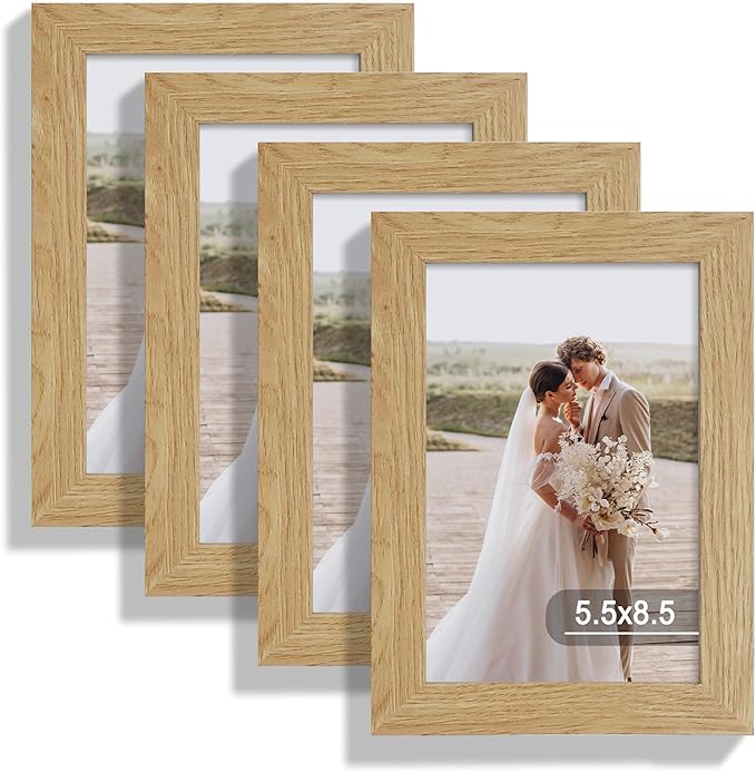 5.5x8.5 Picture Frame Set of 4, Made of Real Glass and Natural Oak Frame, 5.5 by 8.5 Photo for Wall or Tabletop