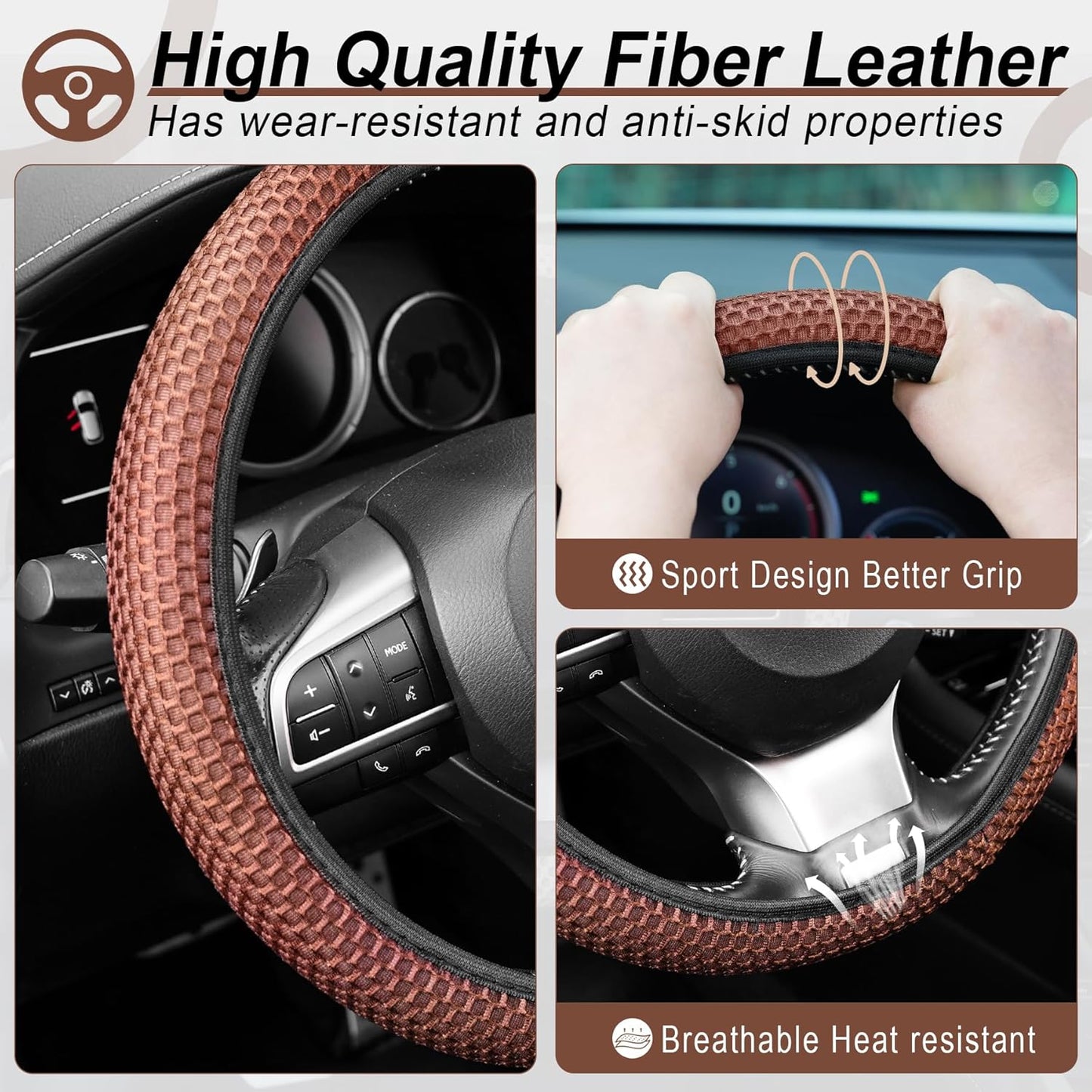 alpmosn Elastic Stretch Steering Wheel Cover, Breathable Microfiber Ice Silk, Anti-Slip, Easy Carry, Universal Interior Accessories Steering Wheel Cover for Women & Men (Brown-Black)