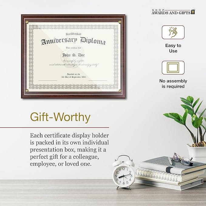 SHOP AWARDS AND GIFTS 8.5 x 11 Certificate Frame Holder, Slide in Wall Plaque Display, 10.5 x 13 Inch Board, Multiple Colors (Walnut)