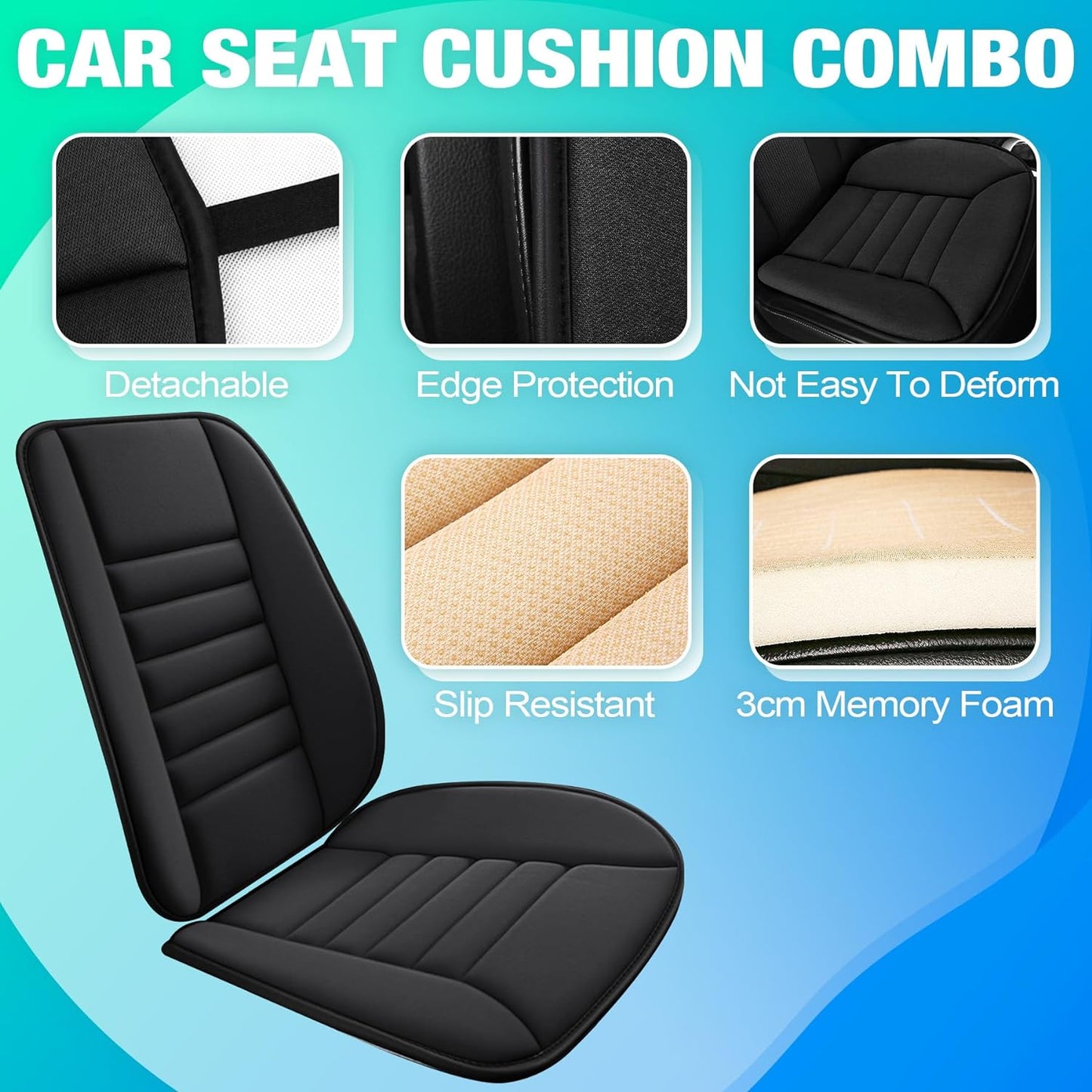 MYFAMIREA Car Seat Cushion and Back Support Pillow 1.2'' Thick Memory Foam Desk Chair Cushion Back Support for Automotive Seat Driver, Travel, Leg and Back Pain Relief, Washable, Adjustable, Black