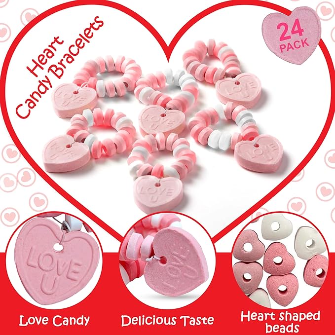 24 Heart Candy Bracelets - 15g Candy Bracelet Individually Wrapped - Heart Shaped Candy - Great for Candy Bags and Party Favors