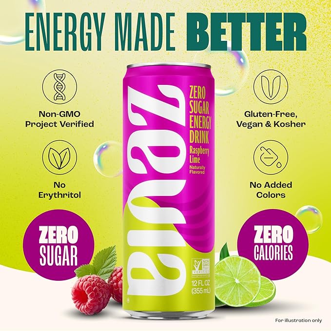 Zevia Zero Sugar Energy Drink, Raspberry Lime, 12 oz Cans (12-Pack) – Naturally Sweetened, Zero Calorie Sugar Free Energy - Non-GMO Project Verified, Gluten-Free, Vegan