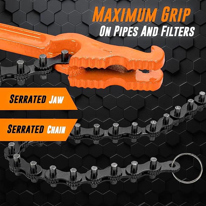 Mutt Tools Chain Wrench 24 Inch - Heavy Duty Chain Pipe Wrench with I-Beam Handle for Large Pipes & Oil Filters - Professional Millwright Tool with 6" Max Clamp - Rust-Resistant Finish