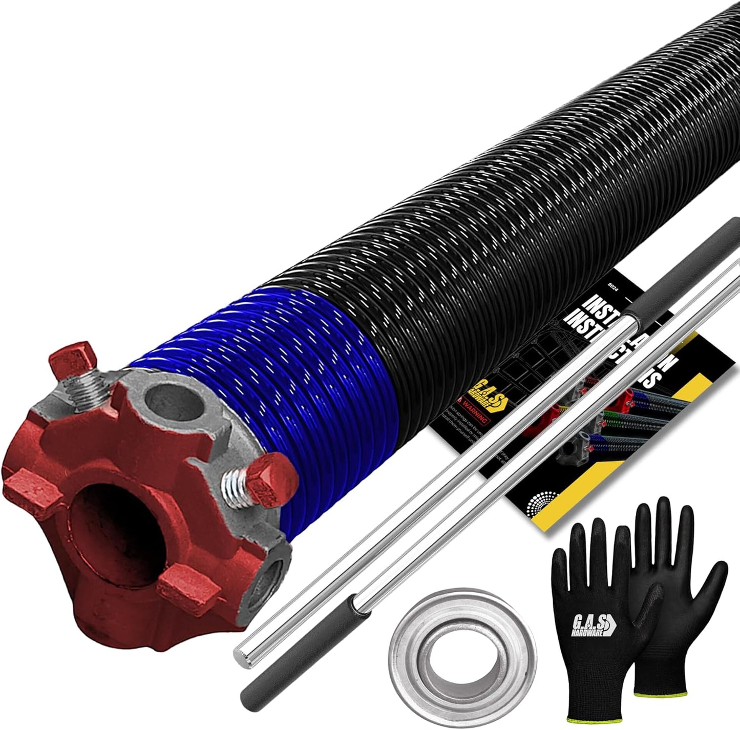 Garage Door Torsion Spring 262x1.75x40 Includes 1” Steel Bearing, Non-Slip Gloves, and Winding Bars for Left Side of Garage Door Precision E-Coating 5-Year Warranty Min. 30,000 Cycles (Red Cone)