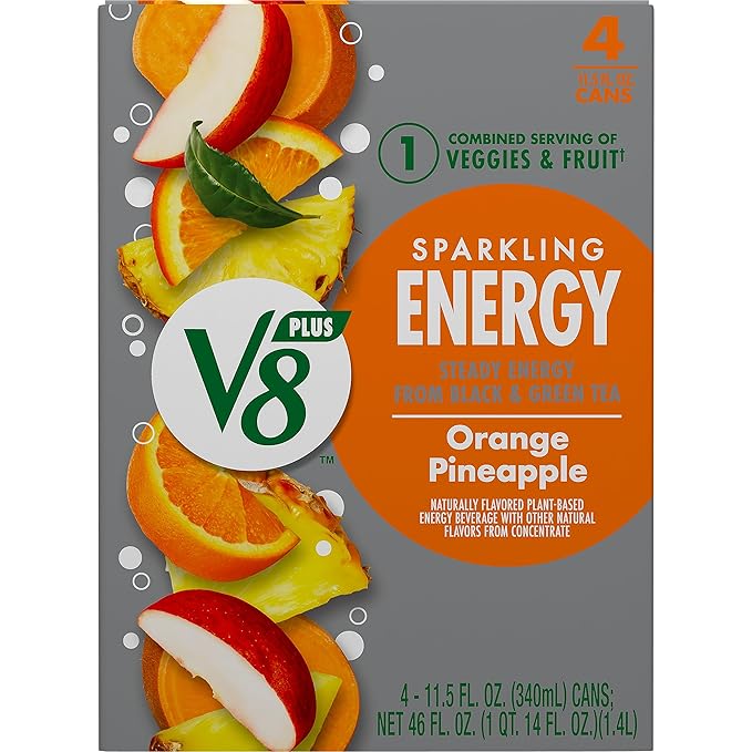 V8 +Energy Sparkling Orange Pineapple Juice Energy Drink, 11.5 fl oz Can (4 Pack)