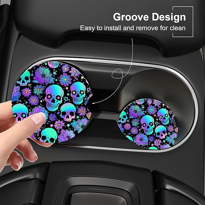 Skulls and Flowers Car Cup Holder Coaster, Car Coasters for Cup Holder, 2 Pack Bright Human Skulls Anti-Slip Absorbent Ceramic Car Cup Coasters for Women Men with Finger Notch Cork Base 2.56"