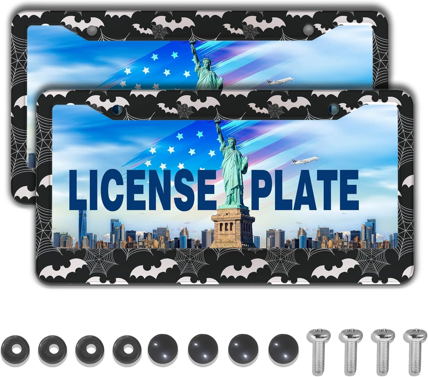 License Plate Frame Black and White License Plate Holder Spider Web Bat Universal Aluminum Car Accessory 2 Pack with Screw Covers Set